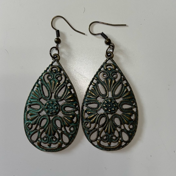 Metal Dangle Earrings with Turquoise Color Overlay - Picture 1 of 2